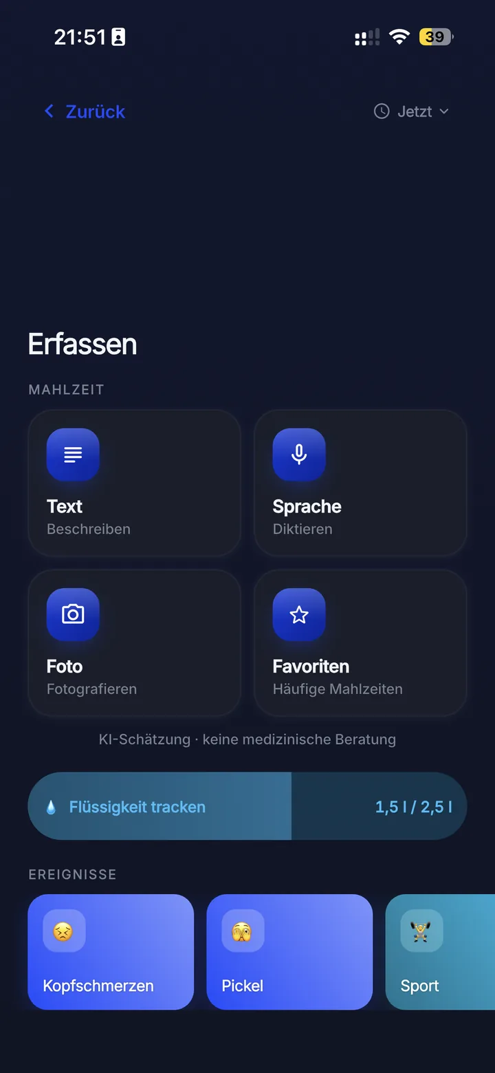 Vitovu Erfassungsansicht mit den Optionen Text, Sprache, Foto und Favoriten sowie eigenen Ereignissen